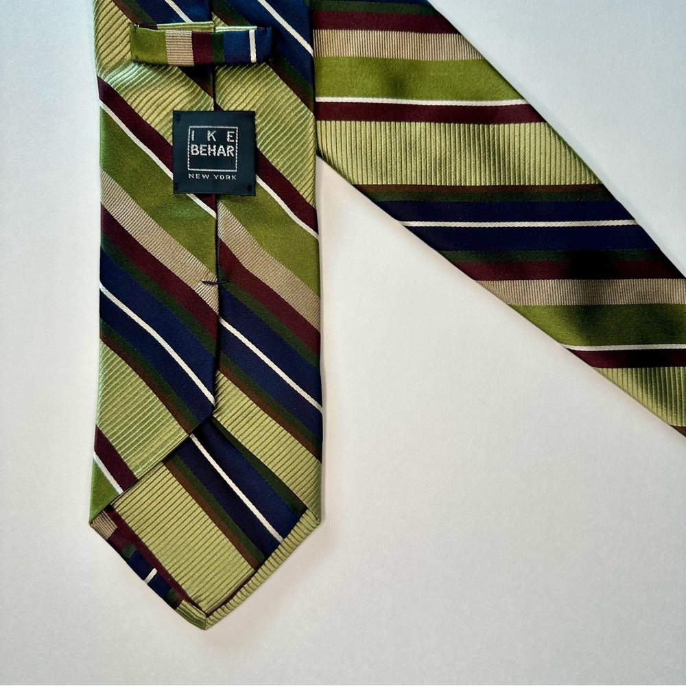 🥂SOLD🥂Untipped Ike Behar New York Wide Green Striped Silk Tie - Picture 5 of 7